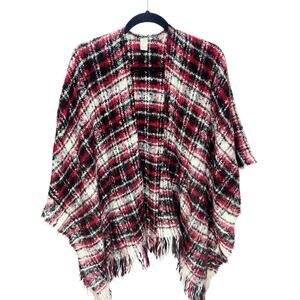 Cato Plaid Black White & Red Wrap w/Fringe OS Festive